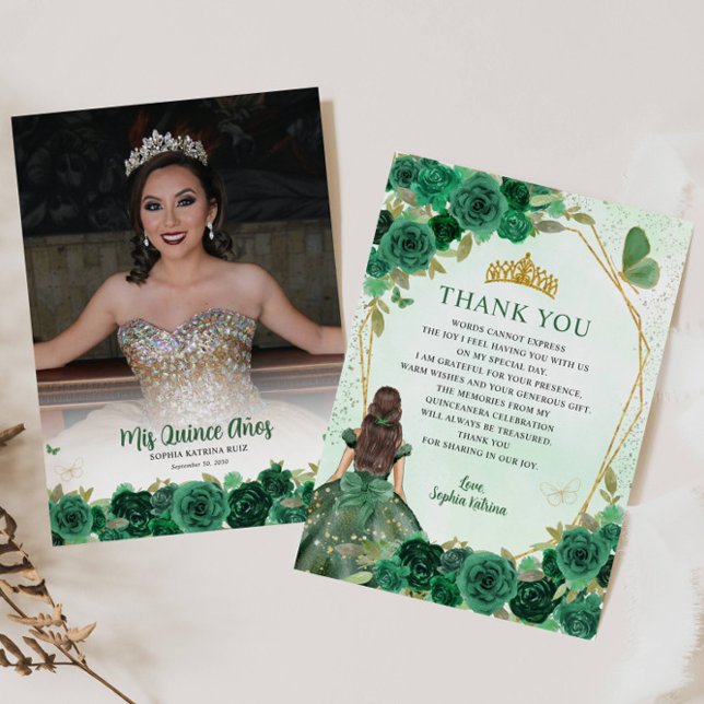 Carte De Remerciements Glam Green Gold Floral Princesse Quinceañera Photo (Créateur téléchargé)