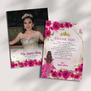 Carte De Remerciements Glam Pink Gold Floral Princess Quinceañera Photo