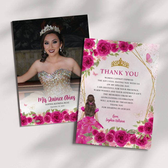 Carte De Remerciements Glam Pink Gold Floral Princess Quinceañera Photo (Créateur téléchargé)