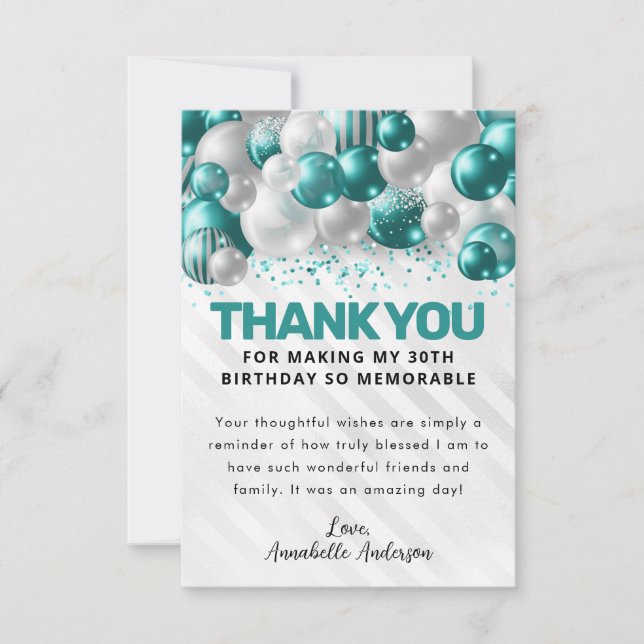 Carte De Remerciements Glam Turquoise Green Balloon en argent Parties sci (Devant)