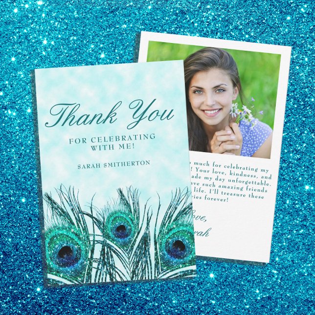 Carte De Remerciements Glitterie Turquoise Peacock Feathers Sweet 16 Phot (Teal and blue glitter peacock feathers Sweet 16 Thank You photo card. )