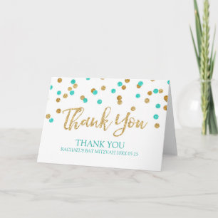 Carte De Remerciements Gold Aqua Blue Confetti Bat Mitzvah Thank You Card