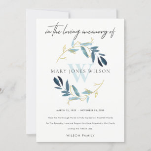 CARTE DE REMERCIEMENTS GOLD AQUA BLUE FOLIAGE WREATH SYMPATHIE MEMORIAL