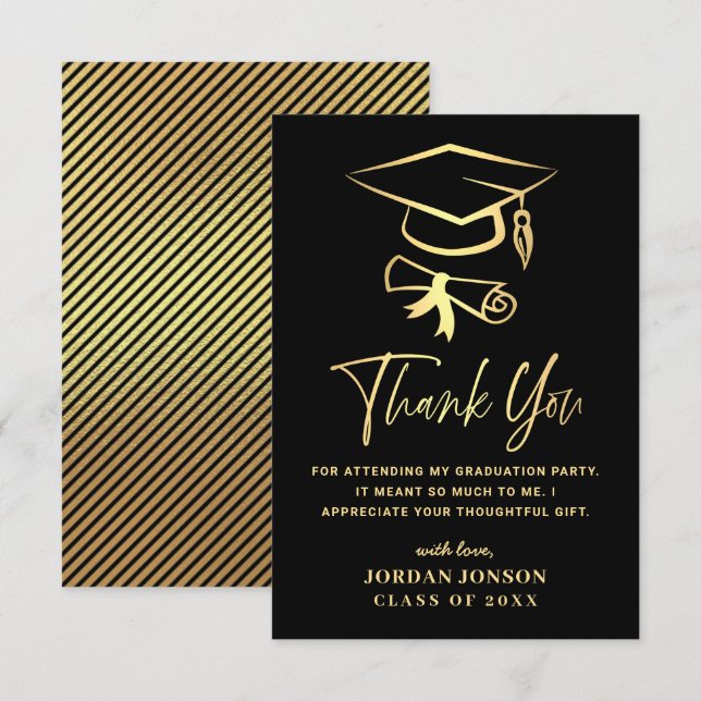 Carte De Remerciements Gold Black Graduation moderne (Devant / Derrière)