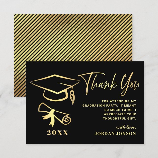 Carte De Remerciements Gold Black Modern Graduation Party (Devant / Derrière)