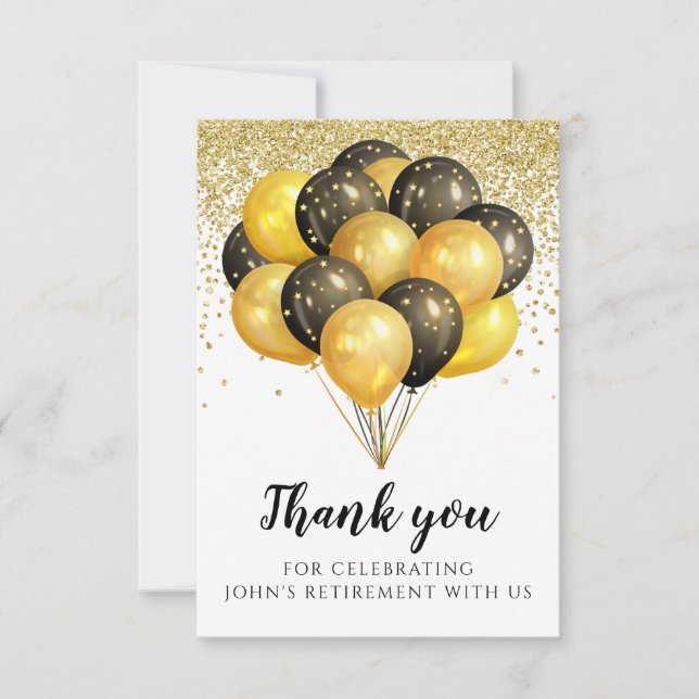 Carte De Remerciements Gold Black White Retraite Party (Devant)