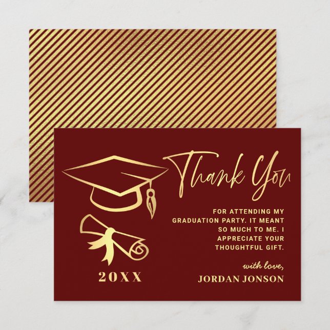 Carte De Remerciements Gold Burgundy Modern Graduation Party (Devant / Derrière)
