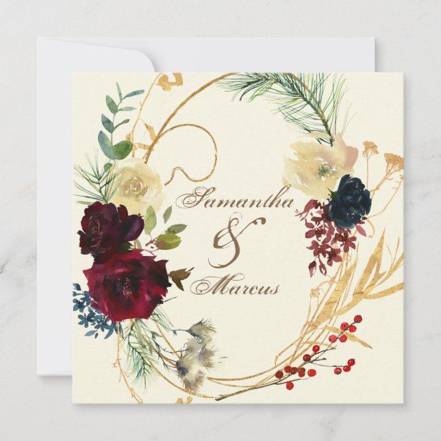 Carte De Remerciements Gold Burgundy Rouge Aquarelle Florale Mariage Wrea (Devant)