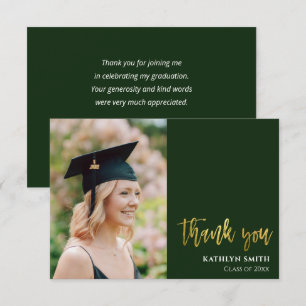Carte De Remerciements Gold Calligraphy Green Modern Photo Graduation