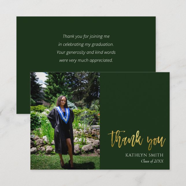 Carte De Remerciements Gold Calligraphy Green Modern Photo Graduation (Devant / Derrière)