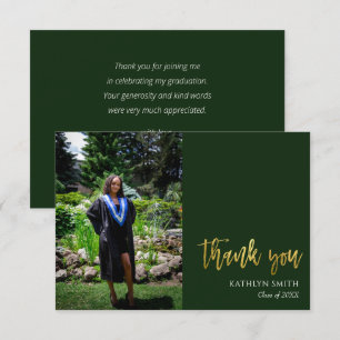 Carte De Remerciements Gold Calligraphy Green Modern Photo Graduation