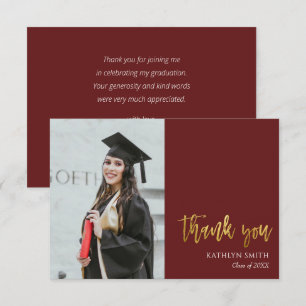 Carte De Remerciements Gold Calligraphy Red Modern Photo Graduation