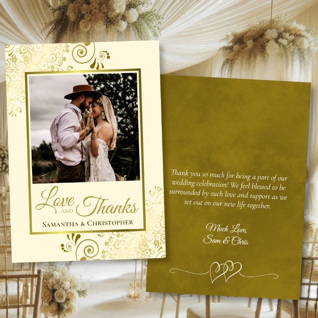 Carte De Remerciements Gold & Cream Love & Thanks Posh Mariage Photo Note (Front/Back)