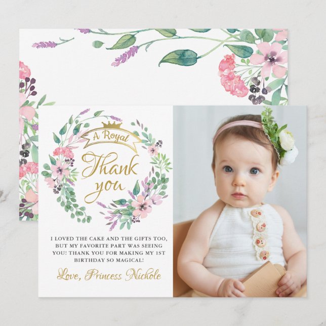 Carte De Remerciements Gold Crown Princess Floral Girl Photo Anniversaire (Devant / Derrière)