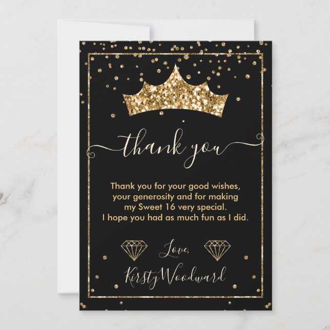 Carte De Remerciements Gold Diamond Confetti Tiara Sweet 16 (Devant)
