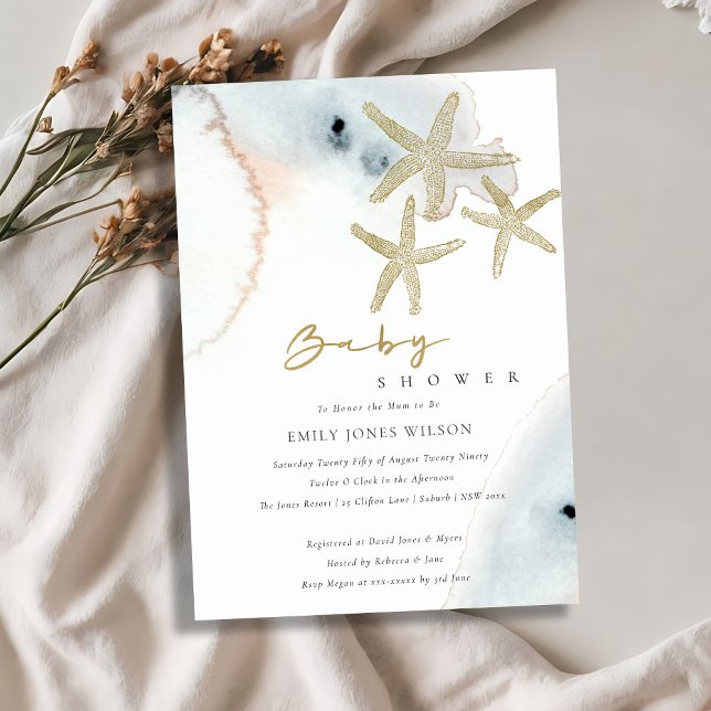 CARTE DE REMERCIEMENTS GOLD DUSKY BLUE BEACHY STARFISH BABY SHOWER INVITA (Créateur téléchargé)