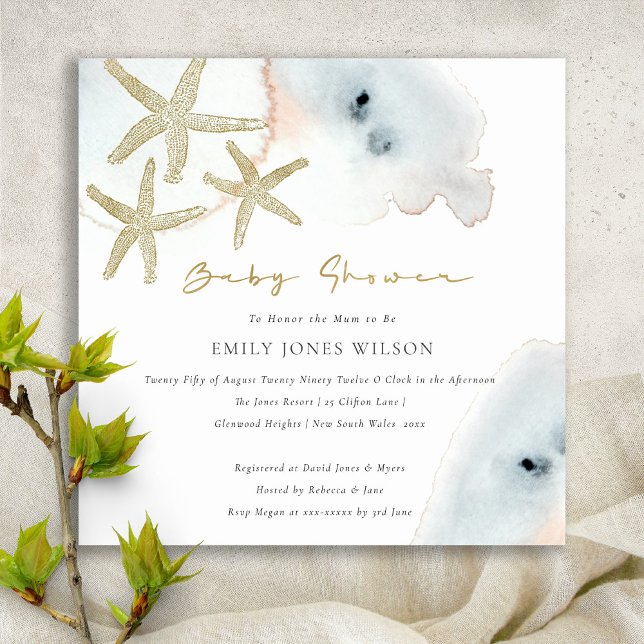 CARTE DE REMERCIEMENTS GOLD DUSKY BLUE BEACHY STARFISH BABY SHOWER INVITA (Créateur téléchargé)