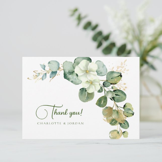 Carte De Remerciements Gold Eucalyptus Wreath Green Sea Glass (Debout devant)