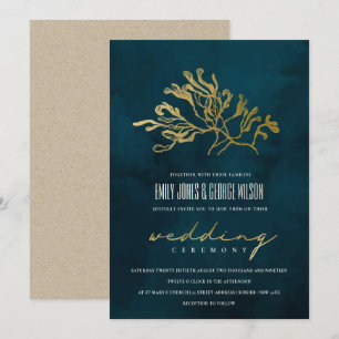 CARTE DE REMERCIEMENTS GOLD FOIL NAVY SOUS-MARINE MARIAGE D'ALGUES INVITE