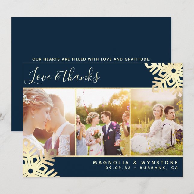 Carte De Remerciements Gold Foil Photo Snowflake Mariage (Devant / Derrière)