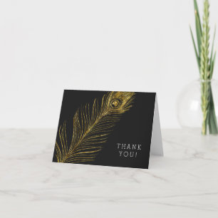 Carte De Remerciements Gold Glam and Black Peacock Feather Thank you