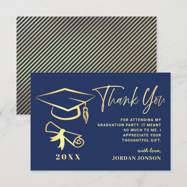 Carte De Remerciements Gold Navy Blue Modern Graduation Party (Devant / Derrière)