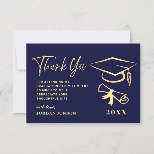Carte De Remerciements Gold Navy Blue Modern Graduation Party (Devant)