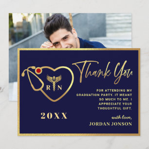 Carte De Remerciements Gold Navy Blue Modern Nursing School Graduation