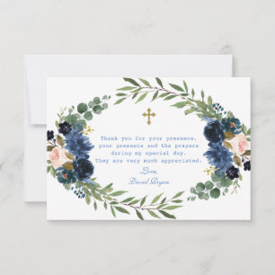 Carte De Remerciements Gold Navy Blue Rose Floral Wreath Boy Dedication