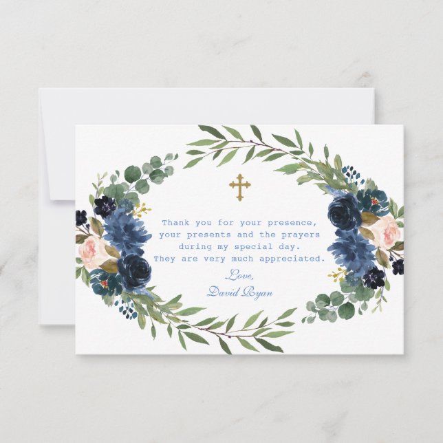 Carte De Remerciements Gold Navy Blue Rose Floral Wreath Boy Dedication (Devant)