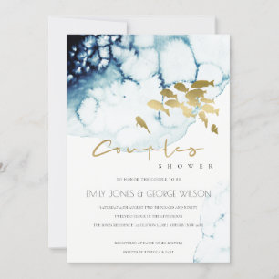 CARTE DE REMERCIEMENTS GOLD NAVY SOUS L'EAU POISSON COUPLE DOUCHE INVITAT