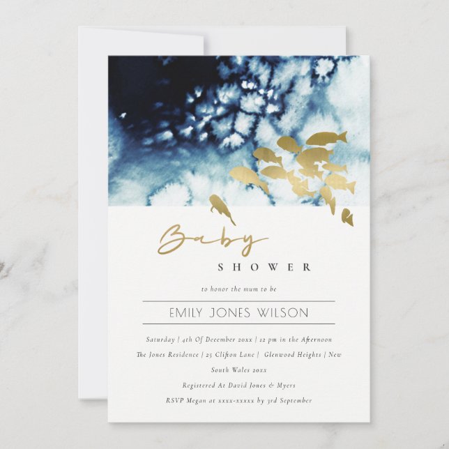 Carte De Remerciements GOLD NAVY Underwater SEA FISH BABY SHOWER INVITATI (Devant)
