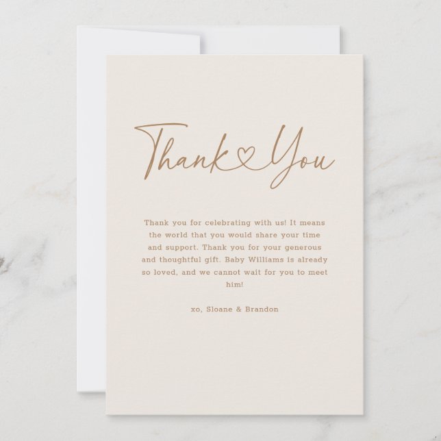 Carte De Remerciements Gold Oh Baby Coeur Calligraphie Baby shower simple (Devant)