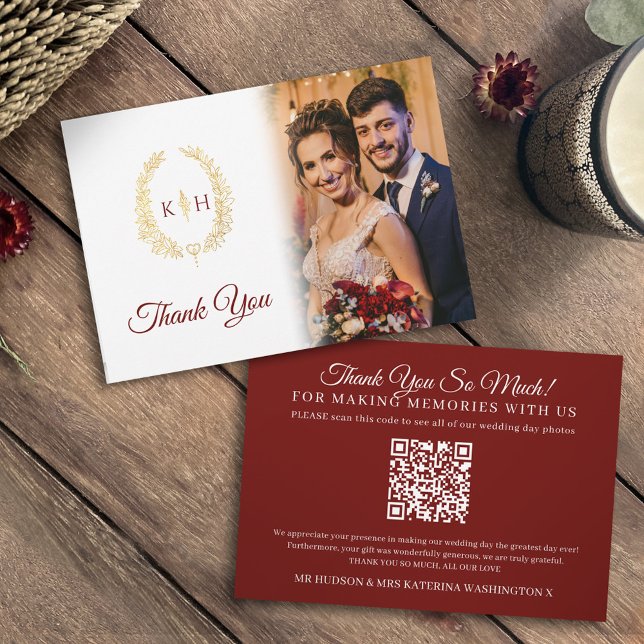 Carte De Remerciements Gold ovale feuille bordeaux photo mariage QR Code (Créateur téléchargé)