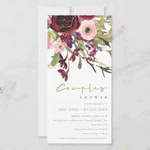CARTE DE REMERCIEMENTS GOLD PINK BURGUNDY ROSE FLORA COUPLE DOUCHE INVITA