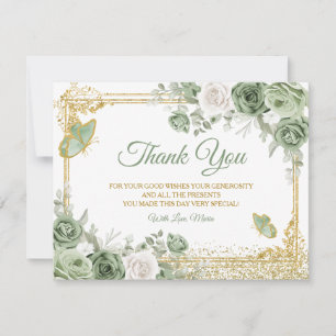 Carte De Remerciements Gold Quinceañera Sage Green Crown Butterfly
