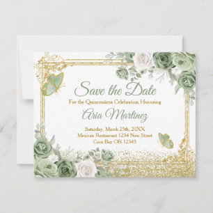 Carte De Remerciements Gold Quinceañera Sage Green Crown Enregistrer la d