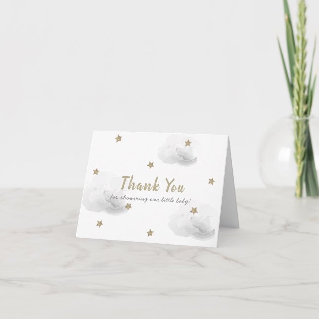 Carte De Remerciements Gold Stars & Fluffy Grey Clouds Baby shower (Devant)