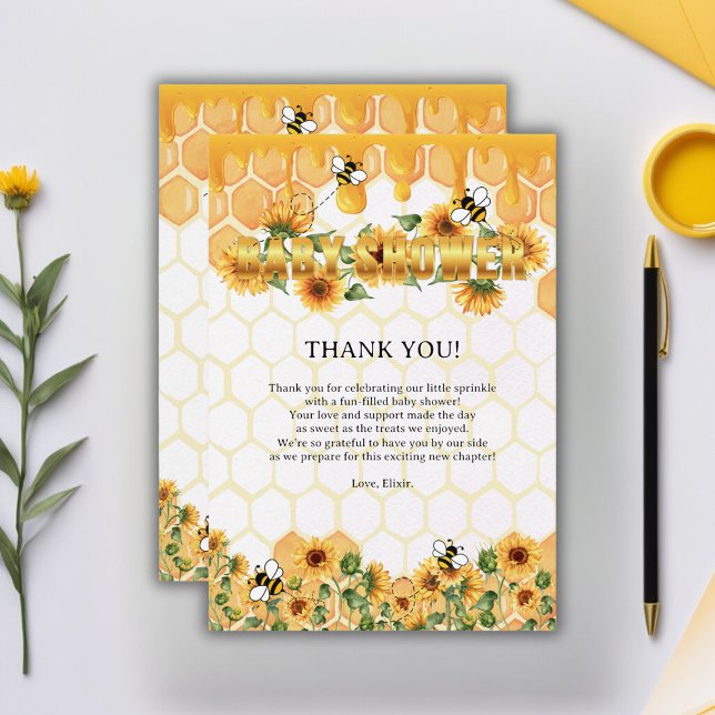 Carte De Remerciements Gold Sunflower Honeycomb Honeybee Baby shower (Créateur téléchargé)