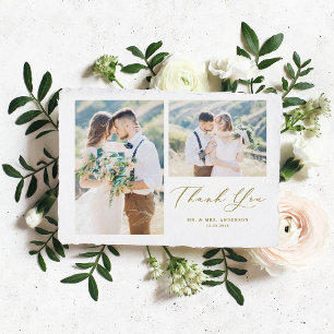 Carte De Remerciements Gold Whimsical Calligraphy Photo Collage Mariage