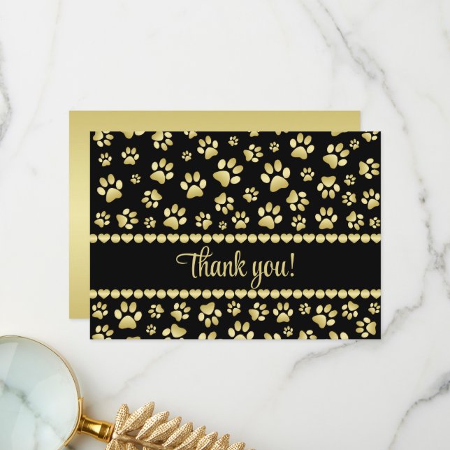 Carte De Remerciements Golden Paw Prints on Black with Custom Name (Devant/Arrière en situation)