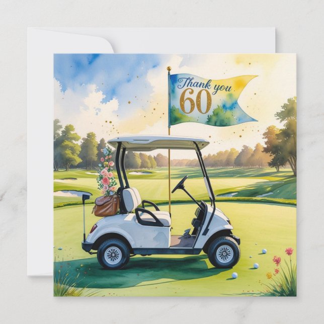 Carte De Remerciements Golf 60e anniversaire avec voiturette de golf sur  (Devant)