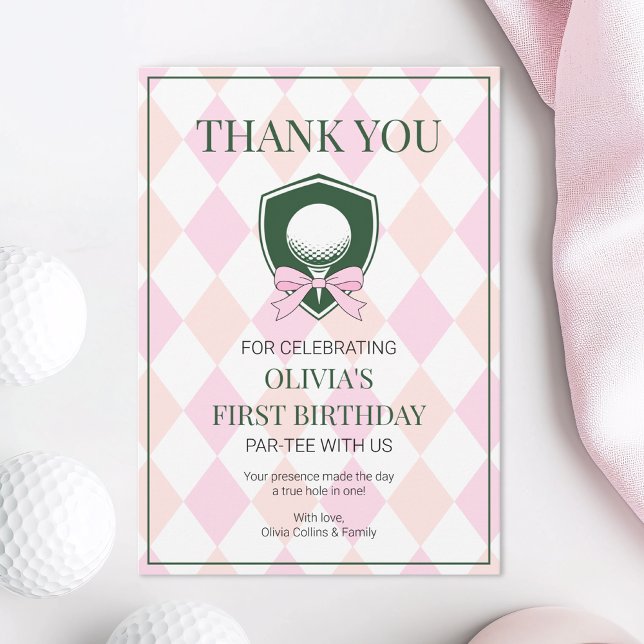 Carte De Remerciements Golf Rose Moderne Premier Anniversaire des Filles  (Pink Golf Modern Hole In One Girls 1st Birthday Thank You Card)