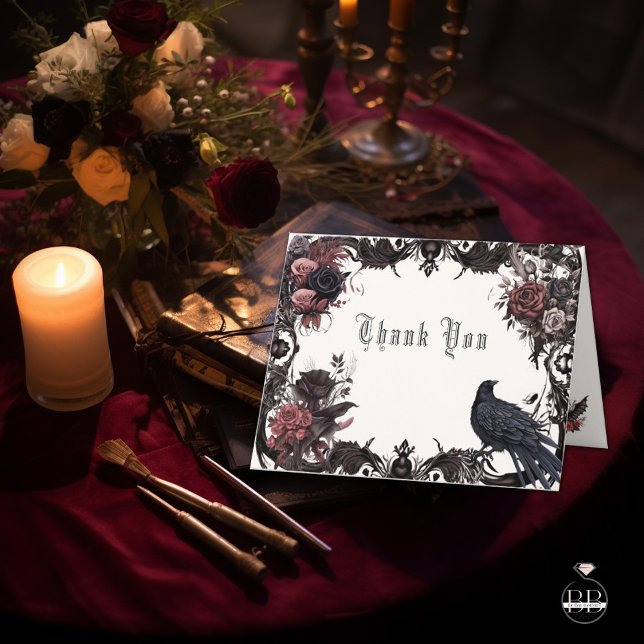 Carte De Remerciements Goth Rosewood Corbeau noir Floral (Créateur téléchargé)