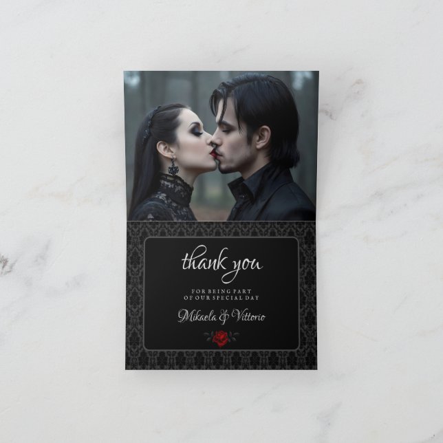 Carte De Remerciements Gothic Black Damask Rose Wedding (Intérieur)