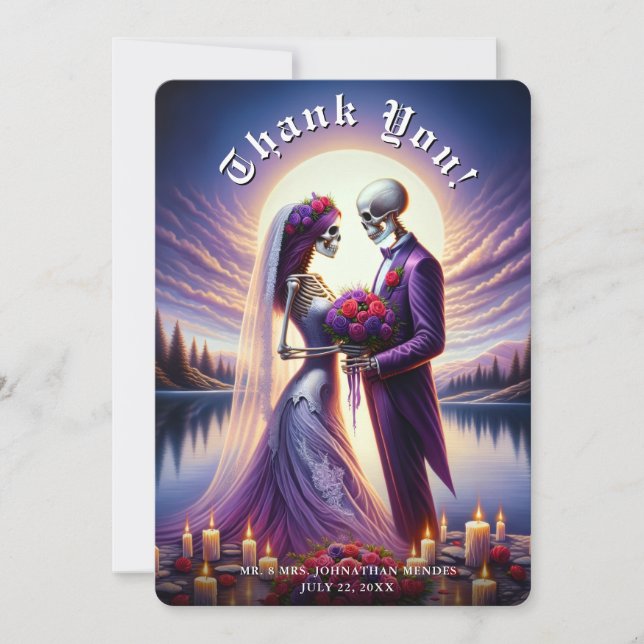 Carte De Remerciements Gothic Skeleton Couple Red Roses Wedding (Devant)