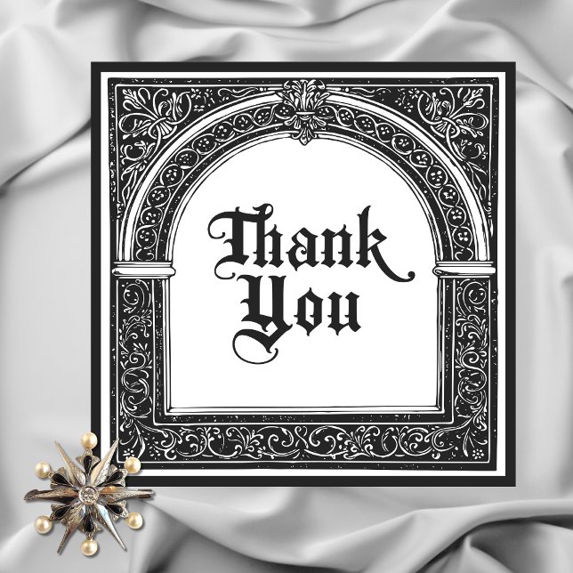Carte De Remerciements Gothique Noir Blanc Médiéval Jusqu'À La Mort (Gothic Black White Medieval Until Death Wedding Thank You Card)