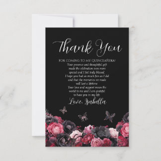 Carte De Remerciements Gothique rose rouge et noir Moody Quinceañera