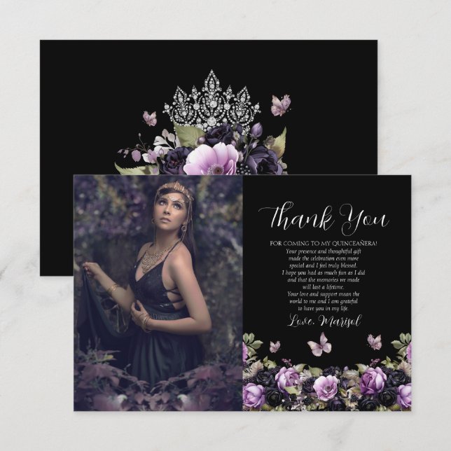 Carte De Remerciements Gothique Violet & Noir Moody Quinceañera (Devant / Derrière)
