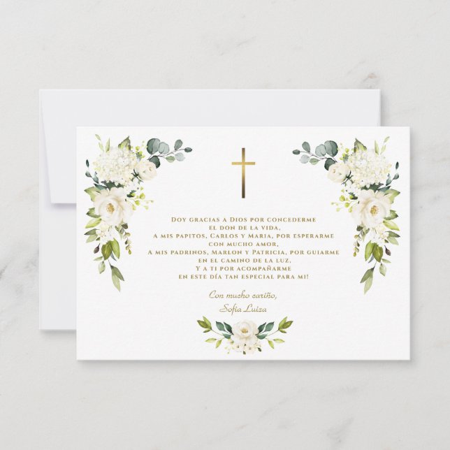 Carte De Remerciements Gracias florales blanches Con Oración Bautizo (Devant)